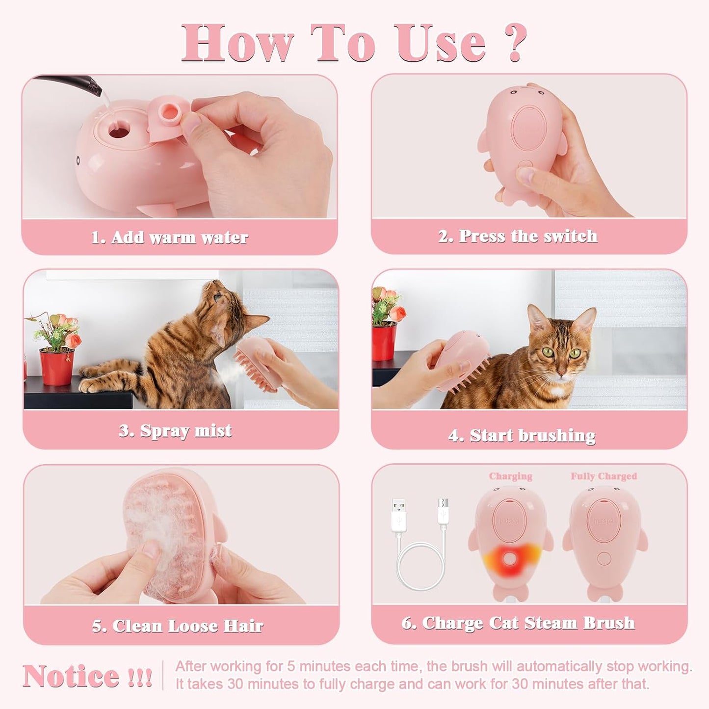 SteamWhale 3-in-1 Cat Steam Brush | Self-Cleaning Pet Grooming Tool with Steam